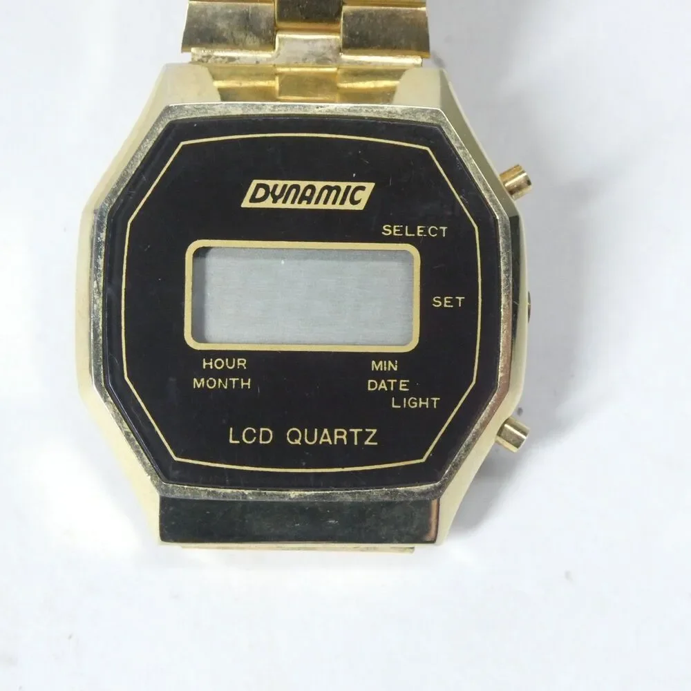 Dynamic LCD Quartz Watch Vintage Goldtone Black Hong Kong Wristwatch